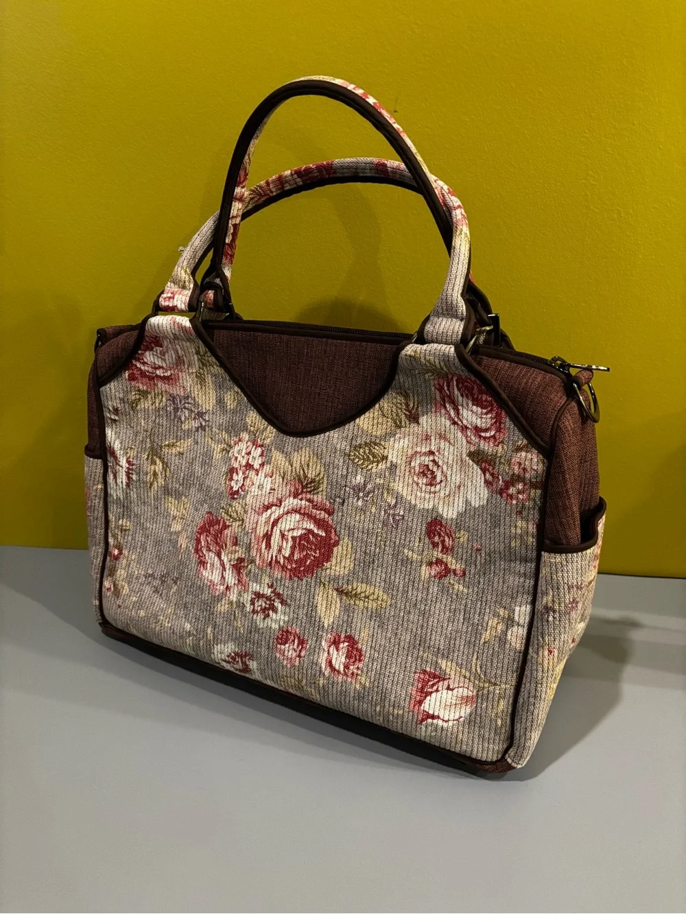 Floral Rose Print Top-Handle Tote in Burgundy and Cream